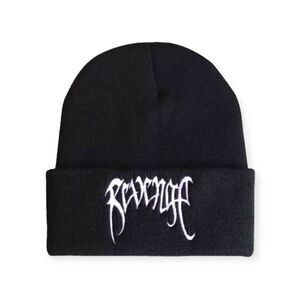 Black Rib Knit Embroidered Revenge Beanie Hat NEW